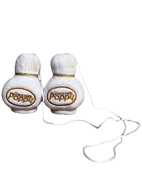 Poppy Grace Mate pluche small bottle dice with cord White 8cm